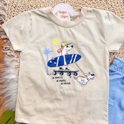 Conj. Camiseta #PartiuVerãoPraia e Bermuda - Areia e Azul